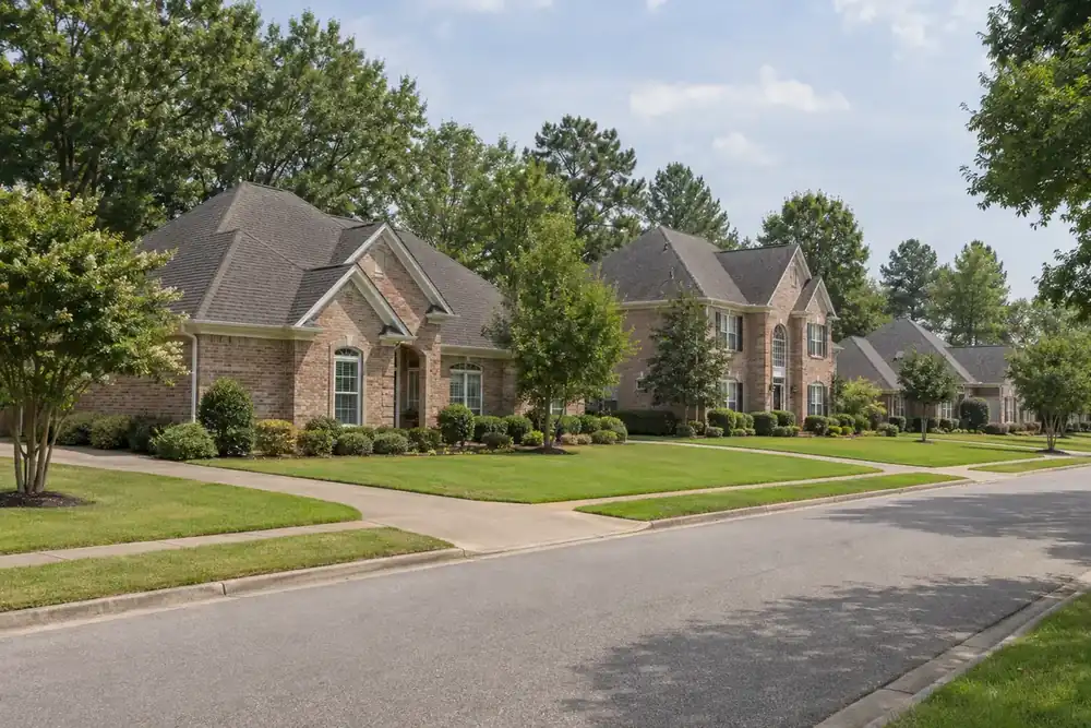 Brick homes with dark shingle roofs, white gutters, green lawns, and mature roadside trees