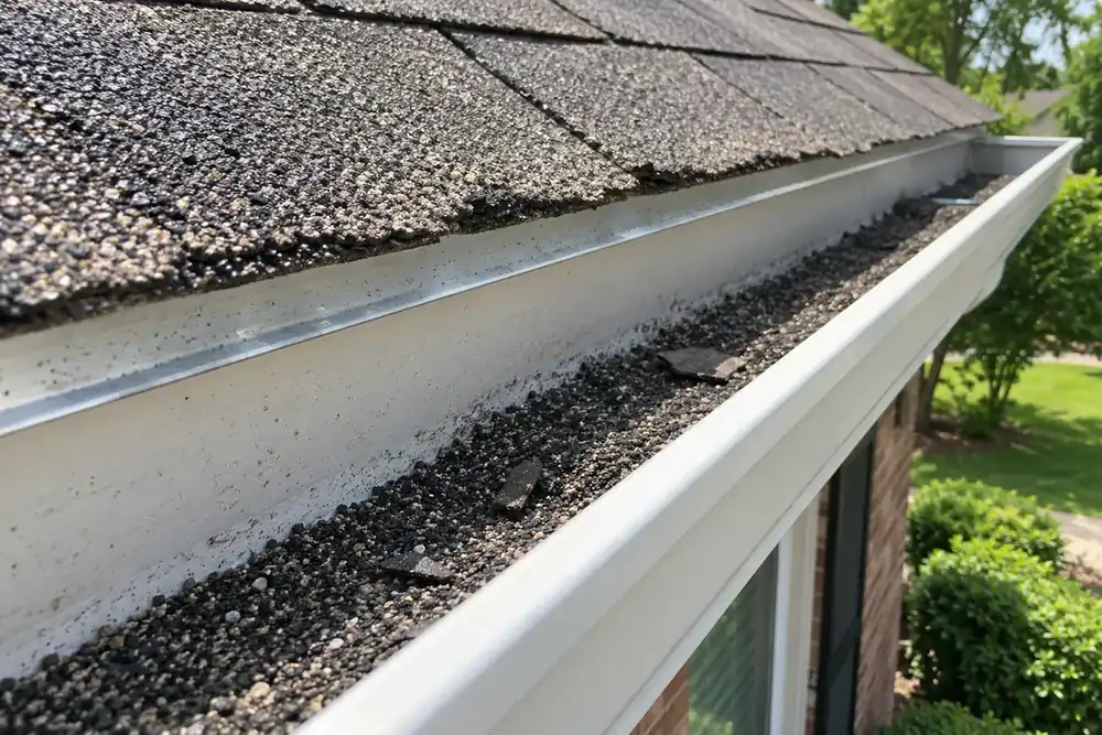 Loose shingle granules and small shingle pieces inside a white gutter beneath a worn roof edge