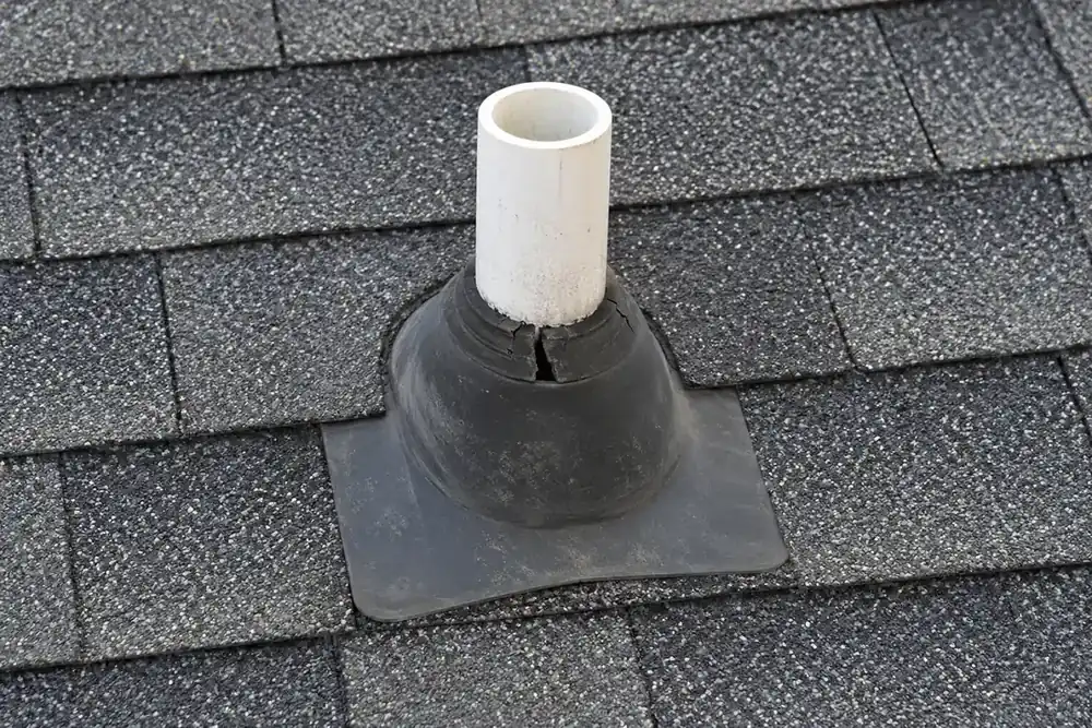 Cracked black rubber pipe boot around a white vent pipe on intact dark-grey shingles