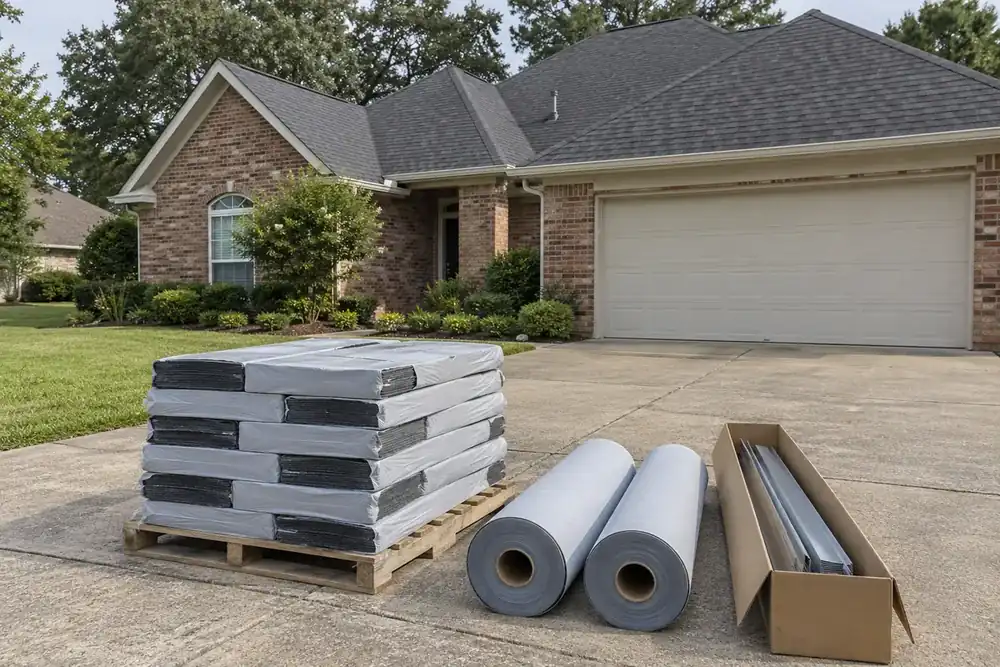 Wrapped shingle bundles, underlayment rolls and drip-edge pieces stacked on a driveway beside a brick house