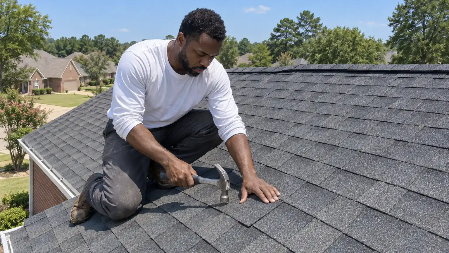 Roofer kneels on dark shingles pressing a new shingle into place with a hammer.