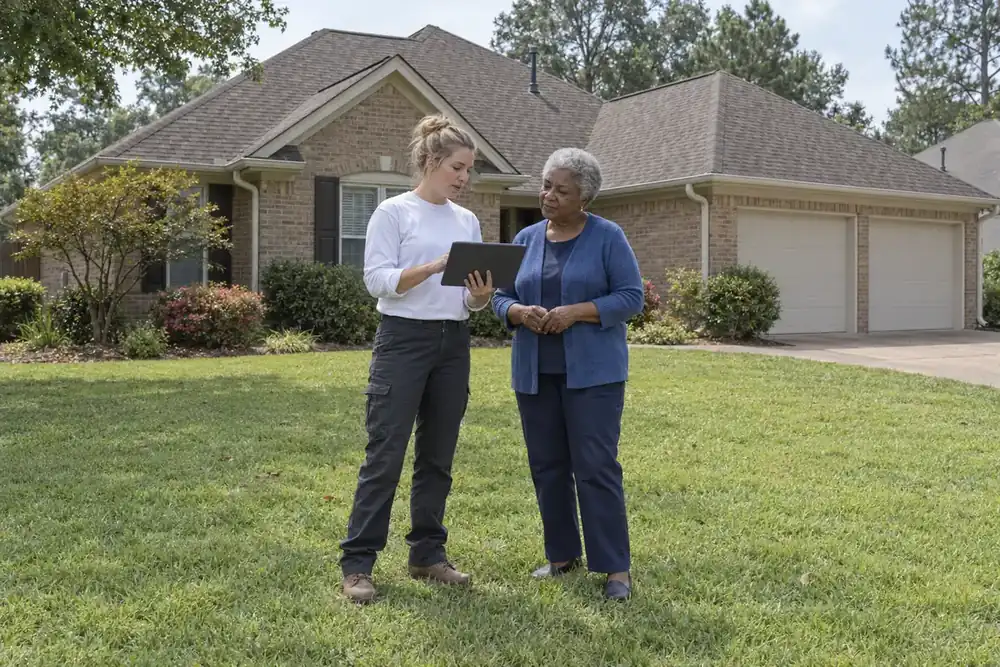 Roofer showing roof photos on a tablet to a homeowner beside a brick house