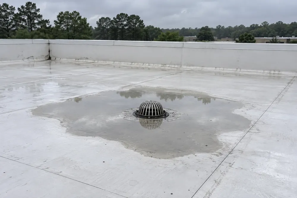 Standing water around a domed drain strainer on a white membrane commercial roof