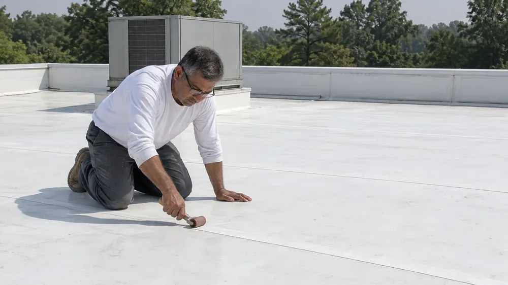 Roofer pressing a seam roller along white membrane roofing beside a rooftop HVAC unit