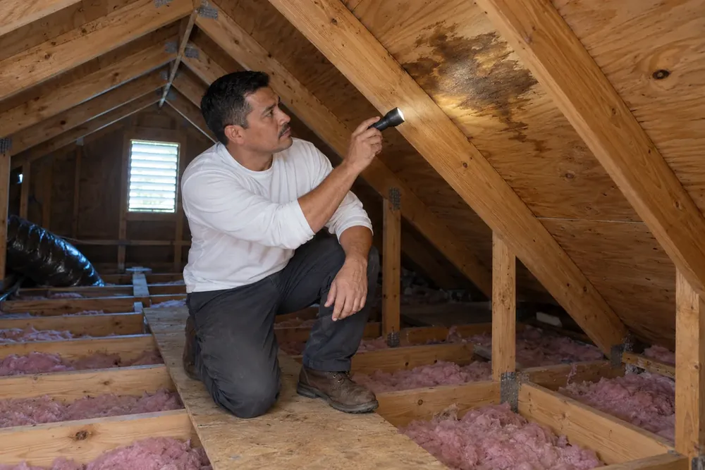 Roofer shining a flashlight on wet plywood decking inside an attic