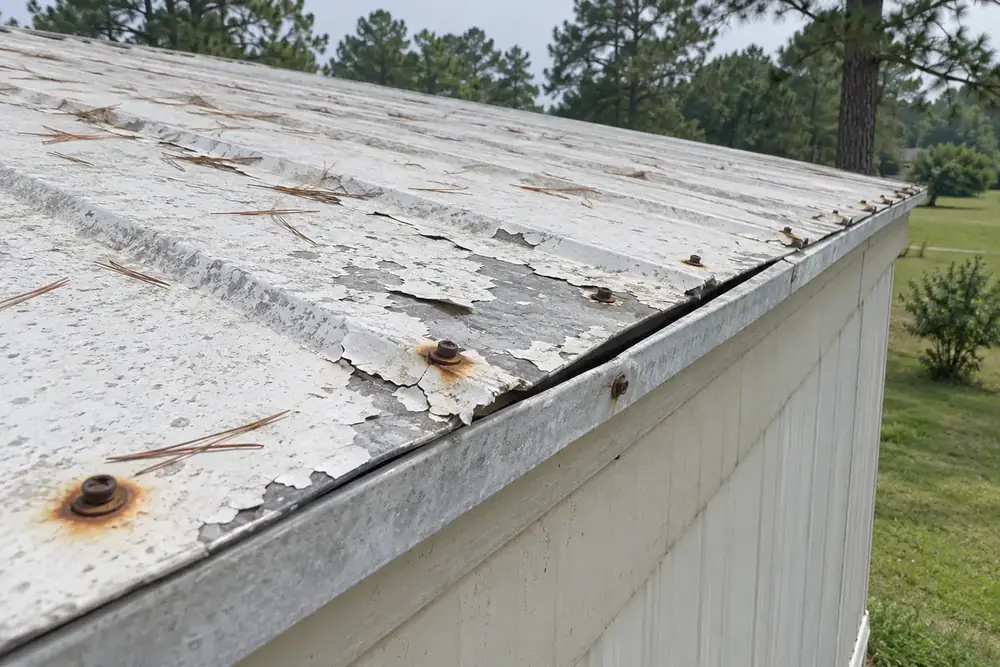 Peeling white coating, rusty fasteners and loose trim along a manufactured home's metal roof