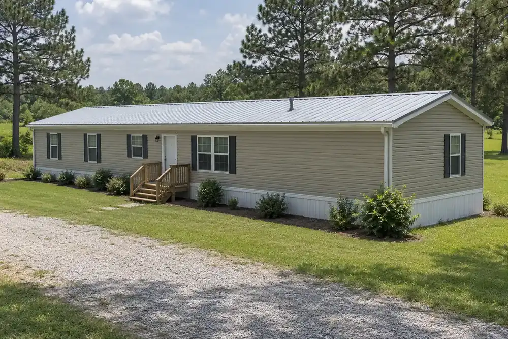 Tan single-wide manufactured home with a new light grey ribbed metal roof