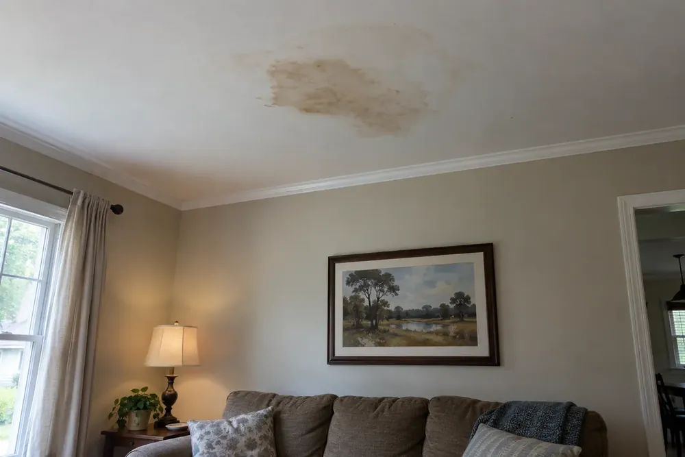 Irregular brown water stain with a faint ring on a white living room ceiling