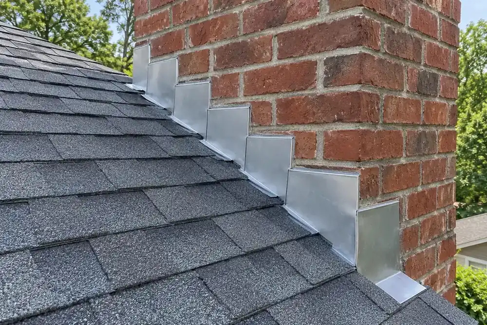Bright aluminum step flashing stepped up the side of a red brick chimney beside dark-grey shingles