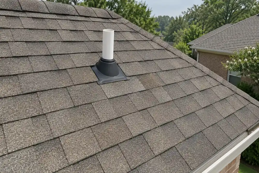 New black rubber pipe boot around a white vent pipe on a weathered-wood shingle roof