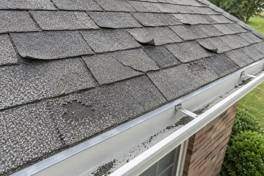 Curled grey shingle tabs with cracks, bare patches and loose granules in the gutter