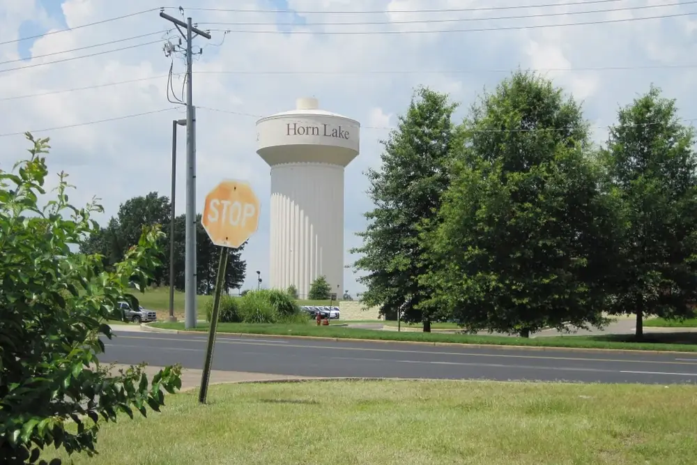 The Horn Lake water tower rising above trees beside a road in Horn Lake, Mississippi