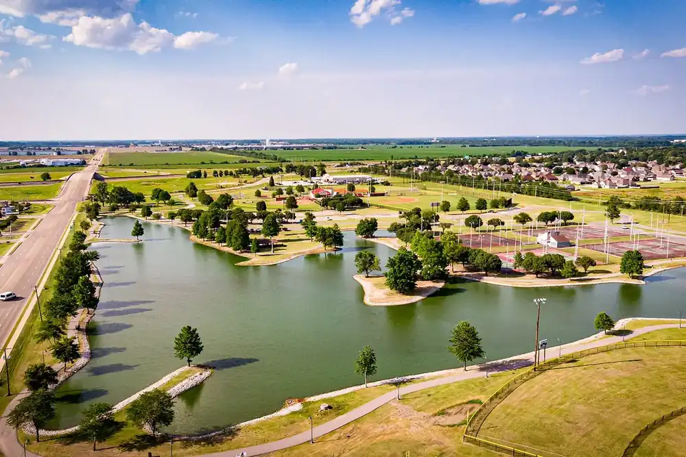 Aerial view of the lake, trails and ball fields at Tilden Rodgers Sports Complex in West Memphis, Arkansas